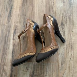 Brown T Strap Pumps